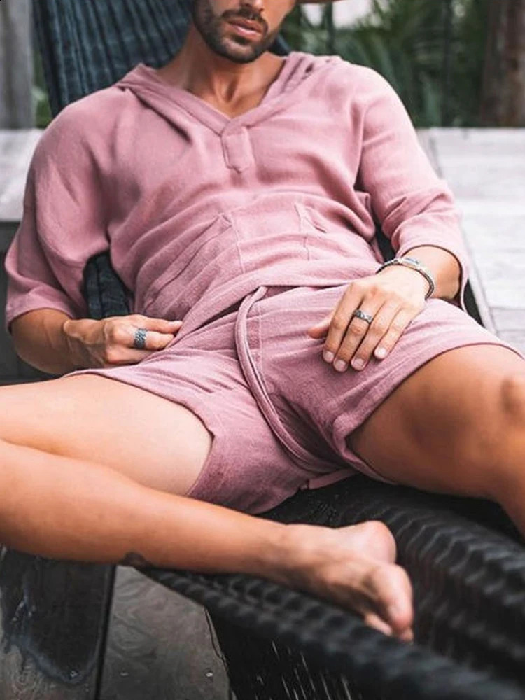 Fashion Men Two Piece Set Casual Cotton Linen Solid Loose Outfits Summer Half Sleeve V-Neck T-Shirt And Shorts Suits For Mens 260610BJ