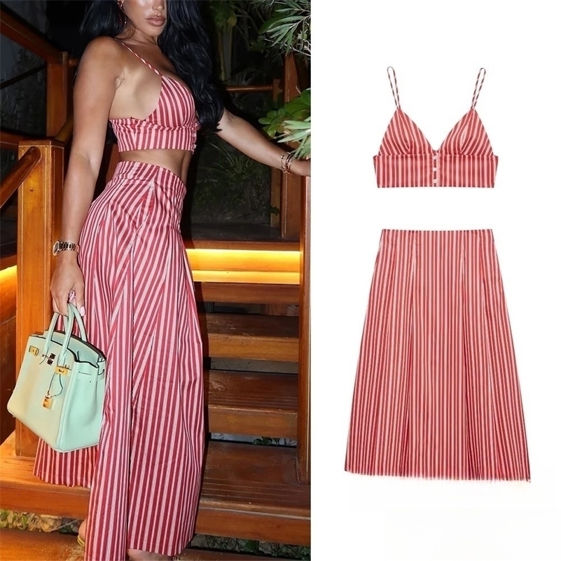 KONDALA Sexy Striped Print Women Suits V Neck Corset Short Tops High Waist Loose Skirts Fashion Summer Beach Style Sets 260610BJ