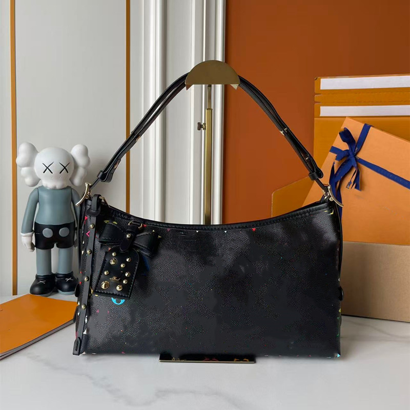 TM Carryall East West Multicolore Monogram Hobo Bag Black Canvas Shoulder Bag with Removable Bow Charm Gold Rivet Tag Casual Underarm Purse for W