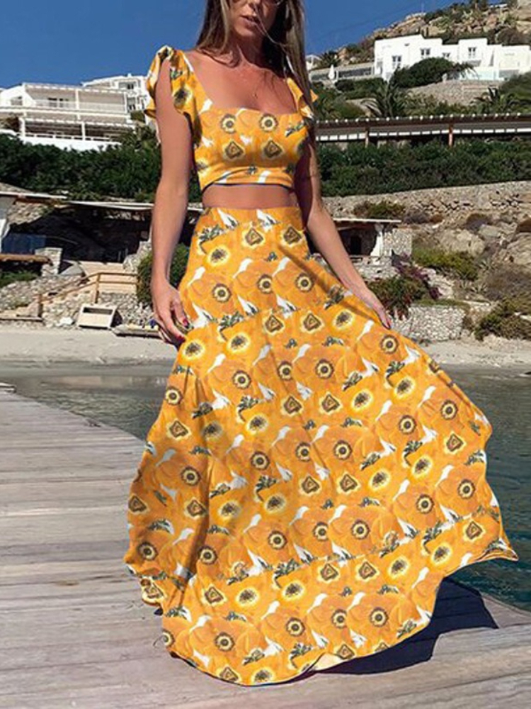 (215) Summer women's bohemian sexy printed sleeveless dress two piece set-image-1109884357