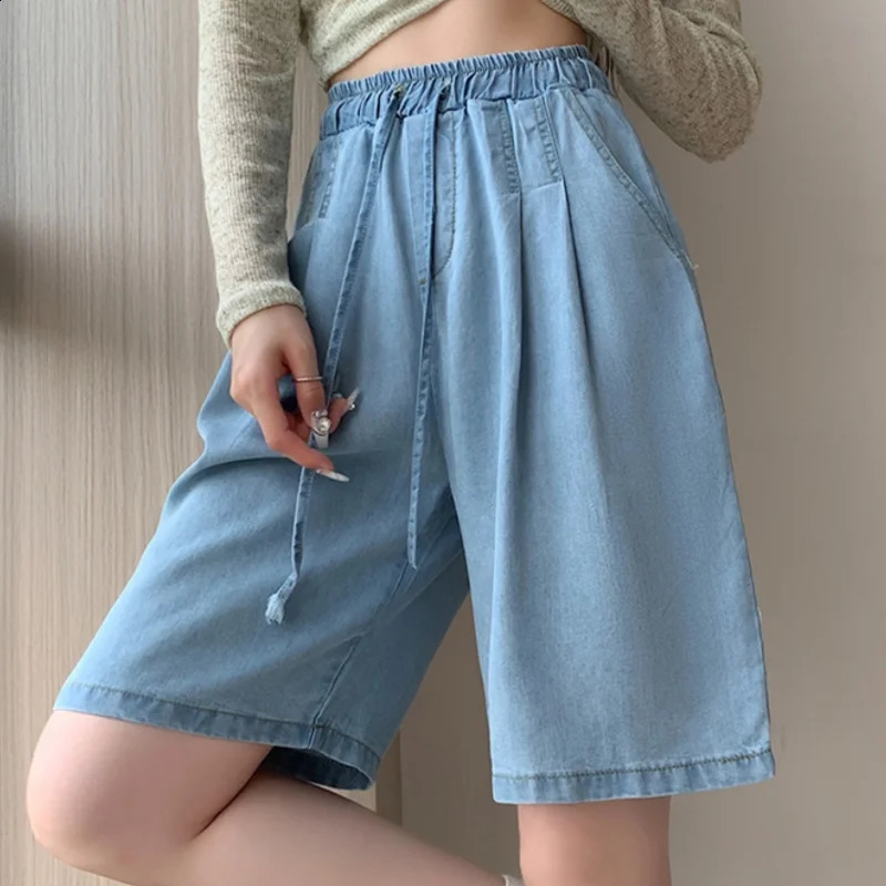 Spring Summer Tencel Cowboy Thin Womens Half Pants 2025 High Waist Laceup Casual Loose Wide Leg Short for 260604
