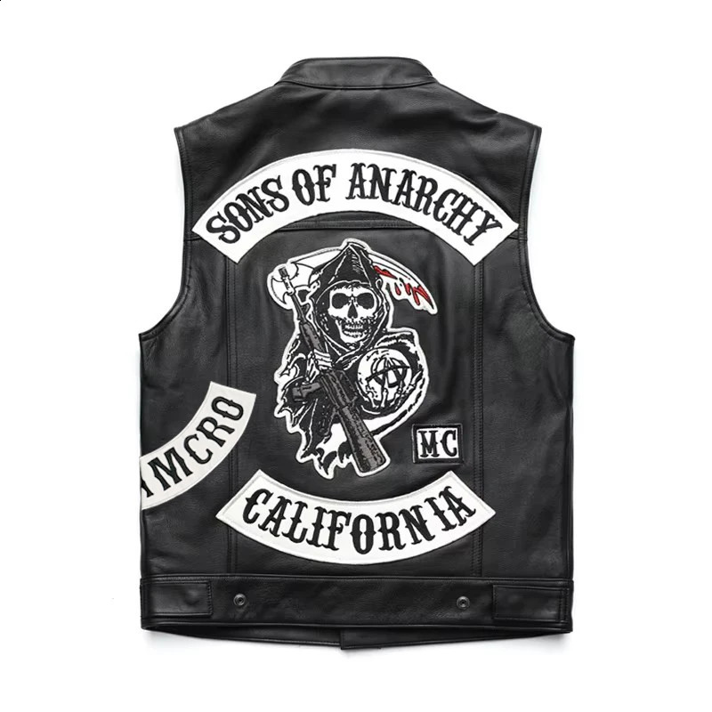 Men Motorcycle Spring Jackets SOA Punk Black Motorbike Gilet of Anarchy Leather Moto Jacket Vest 260610