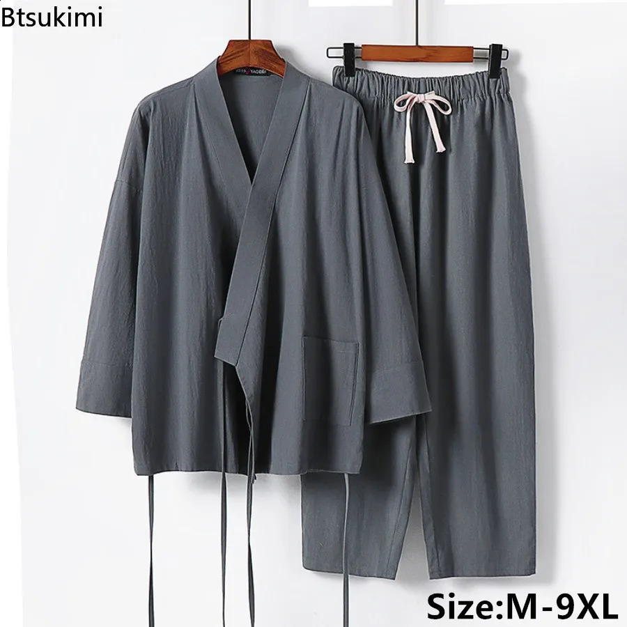 2026 Mens Summer Cotton Linen Two Pieces Chinese Style Lace Up Kimono TopsPants Casual Suit Male Vintage Hanfu Tang Suit M-9XL 260610BJ
