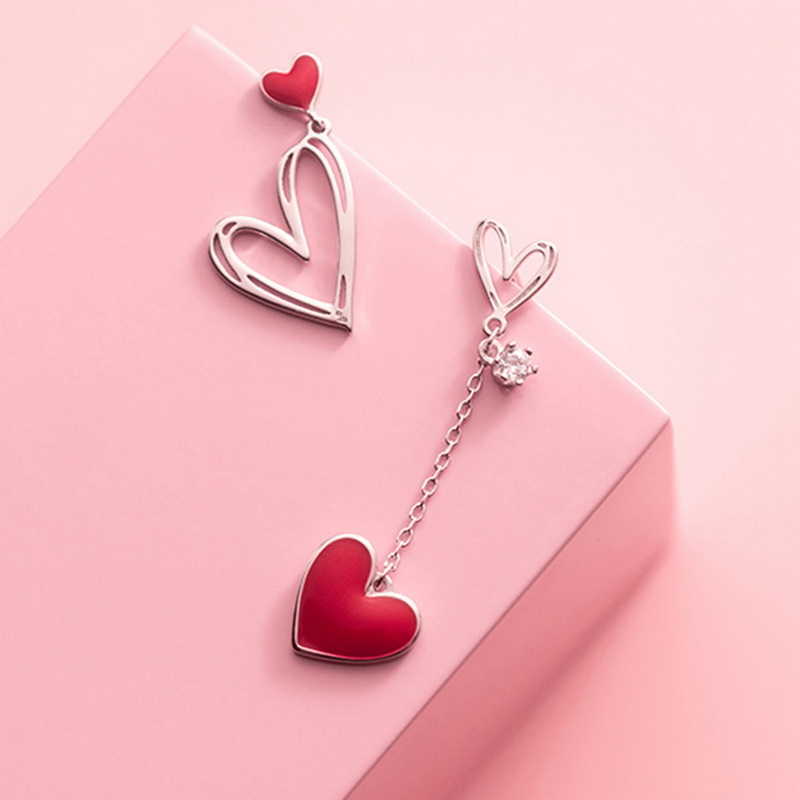 Korean New Asymmetric Red Heart Stud Earrings For Women Creative Hollow ECG Tassel Zircon Pearl Girl Party Jewelry Gift Q260610