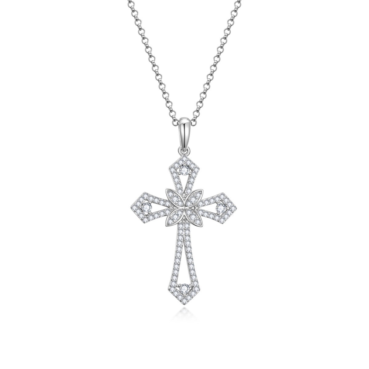Fashion Full Moissanite Cross Necklace S925 Sterling Silver 18K Gold Plated Hollow Cross Pendant Necklace, Sparkling Hypoallergenic Religious Jewelr
