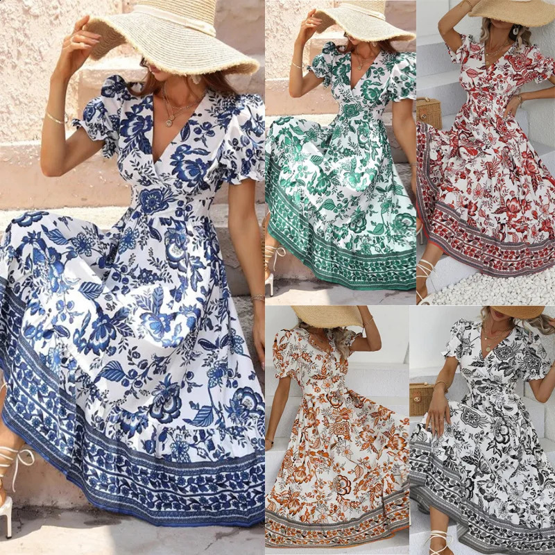 Women Dresses 2026 summer floral print short puff sleeve V neck long bohemian dresses womens clothing vestidoes 260609BJ