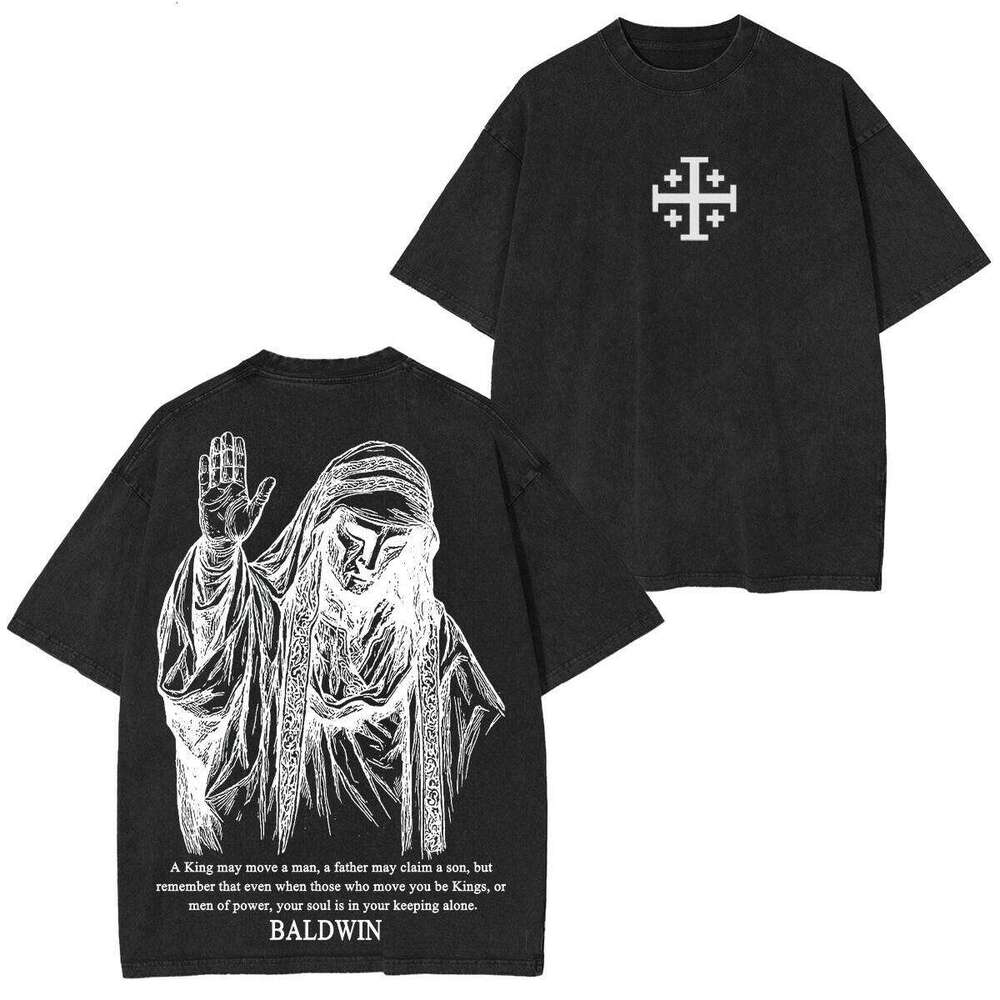 King Baldwin IV T-Shirt For Men, Jerusalem Cross Pattern, Vintage Washed Cotton, Loose Street Style Hip-Hop Top
