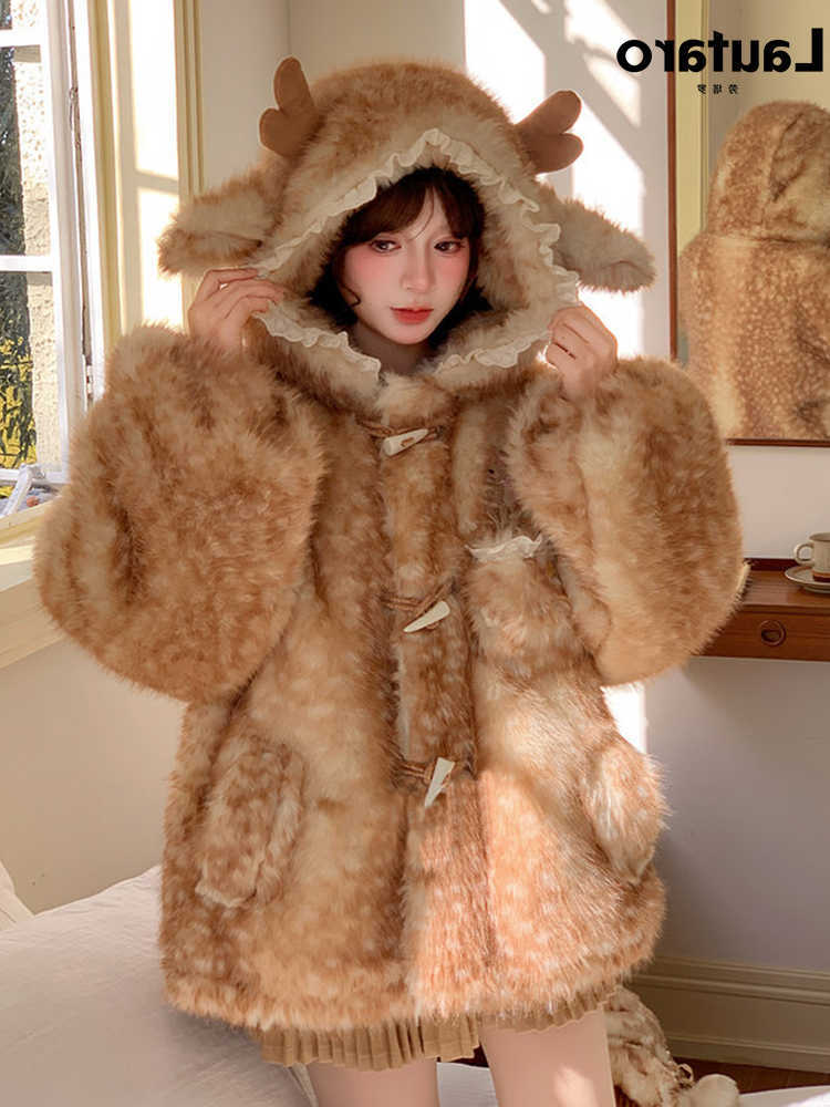Lautaro Autumn Winter Thick Warm Sweet Cute Lace Patchwork Faux Fur Coat Hoodie Women with Deer Ears Horn Buttons Fluffy Jacket Q260610