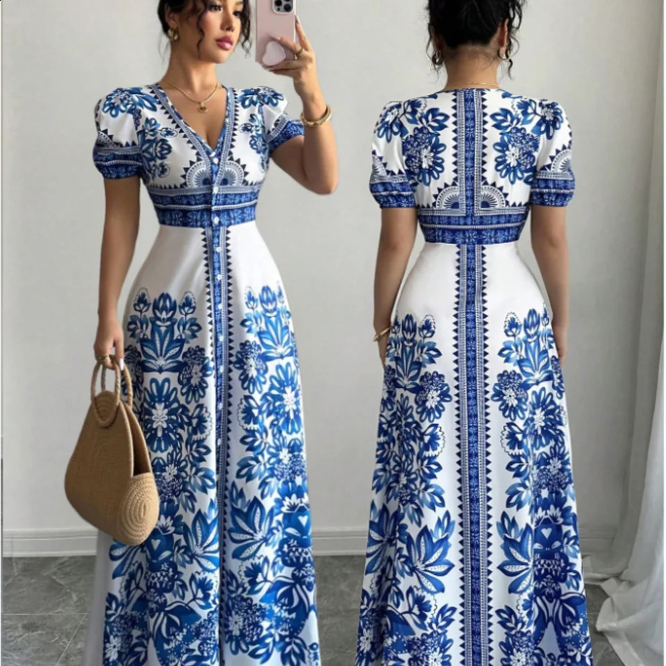Plus Size Blue White Floral Print Maxi Dress Women V-Neck Puff Sleeve Button Front A-Line Summer Vacation Dress 260608