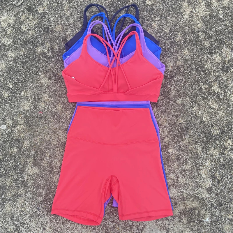 Solid Color Gym Bike Yoga Set Short Legging Cross Back Sport Bra 2pc Tracksuit Athletic Women Suit Comprehensive Training Jo 260601