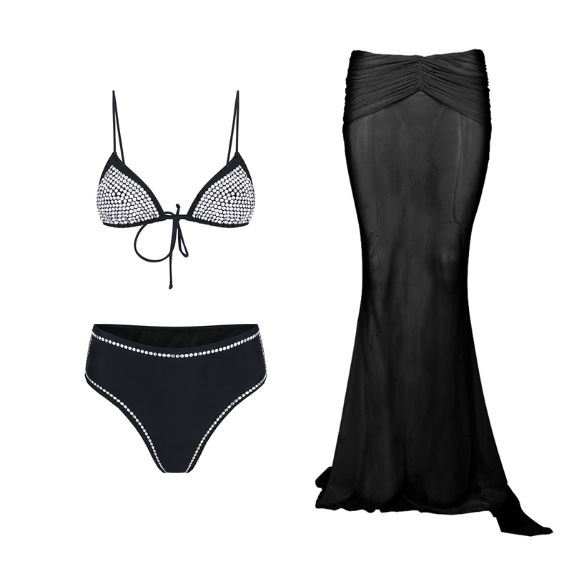 3Pcs Diamond Bikini Set Women Sexy Swimsuit Push Up Swimwear Bandeau Biquini Female Mirco Bathingsuit Mesh Skirt Beach Outfits 260609BJ