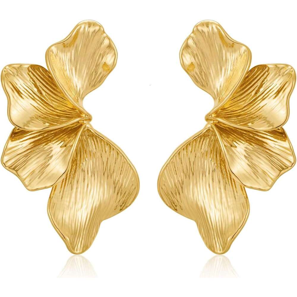 FGENUINE TICUTE Chunky Gold Statement pour femme, plaqué or, fleur fixe, feuille, coquillage, grandes boucles d'oreilles à tige aile d'ange, bouc