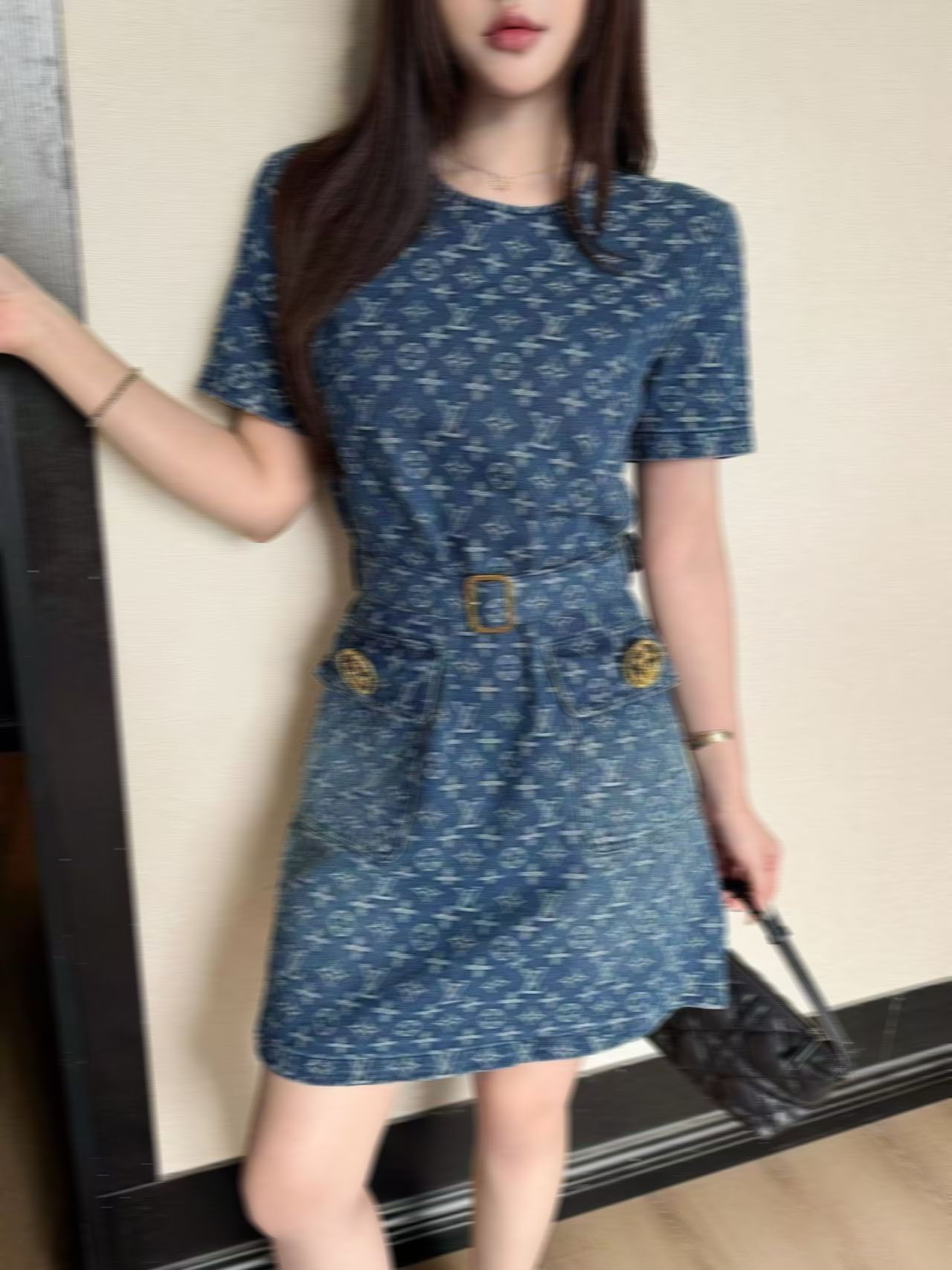 New women's presbyopia short sleeved denim dress with high waist and long length, casual, fashionable, luxurious and high-quality skirt