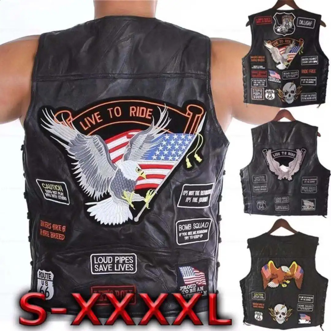 Mens Motorcycle Leather Vest Single Breasted Embroidered Sleeveless Jacket Punk Style Motorbike Waistcoat for Men Clothing 260610