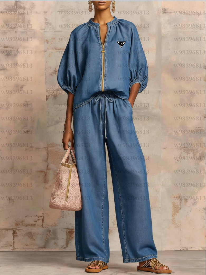 Women's Tracksuits Casual Two Piece Outfit Zip Up Shirt + High Waist Wide Leg Trousers
