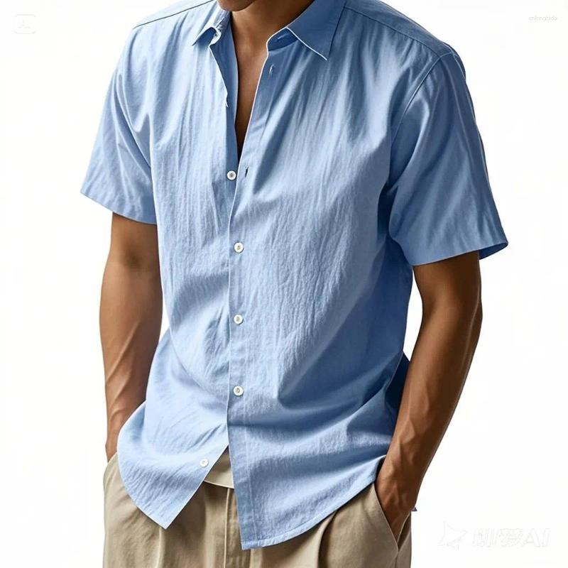Men's Casual Shirts Men Cotton Linen Short-Sleeved Summer Solid Color Turn-down Collar Beach Style Plus Size Tops-image-1109851947