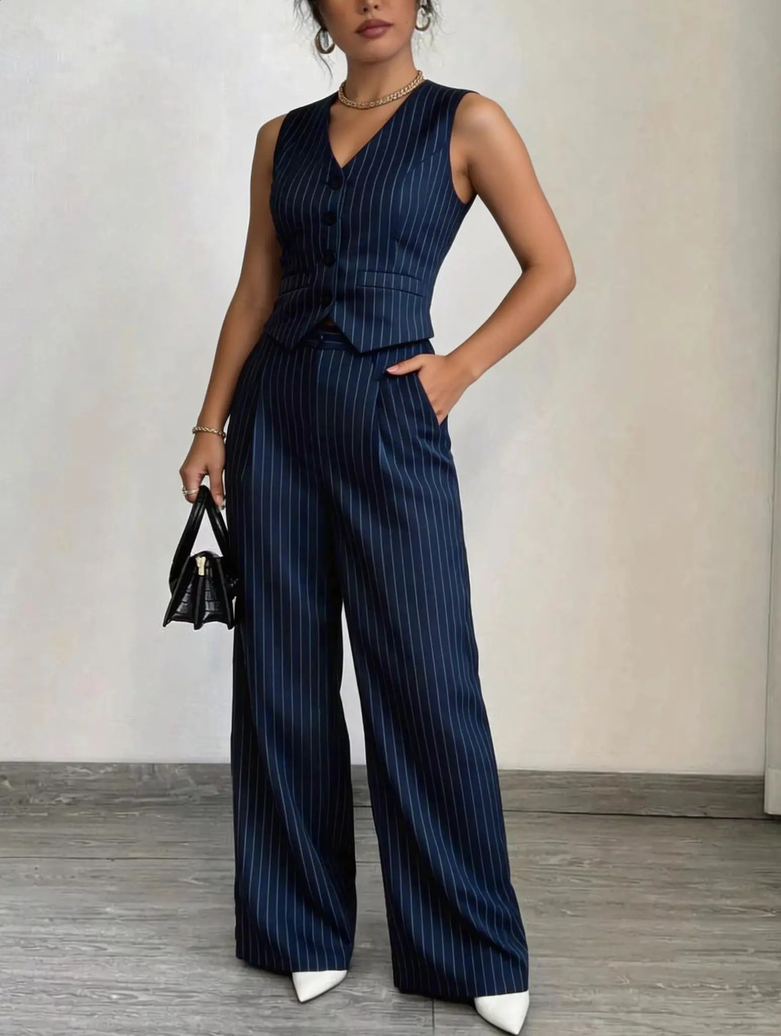 Womens Casual Button Vest Straight Leg Pants Set with Pockets Simple Fashion Versatile 2 Piece Outfit for Office Work Commut 260609BANJIABANJIA