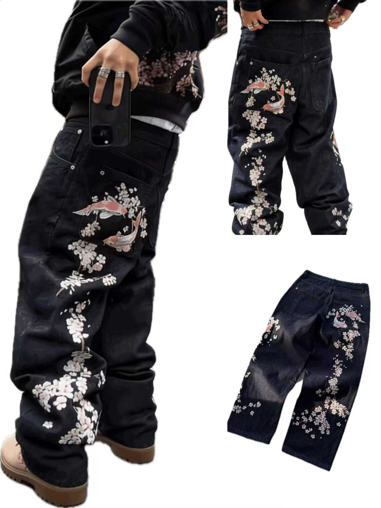 Sakura Carp Embroidered Jeans Y2k Harajuku Retro Men and Women Loose Street Style Trousers Gothic Punk Casual Straight Jeans 260609