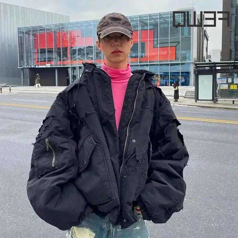 FEWQ American High Street Hooded Jacket Cotton Darkwear 2024 Solid Color Long Sve Male Tops Pocket Design 24E5366 Q260610