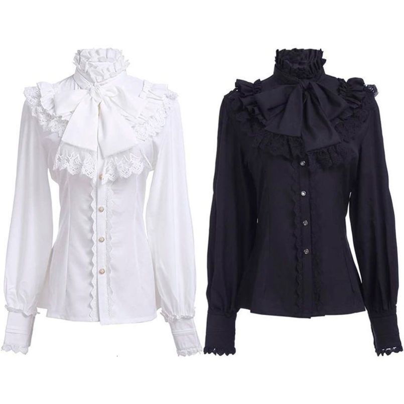 2026 Summer Arrival Womens Vintage Ruffle Collar Shirt High Neck Lace Trim Button Down Elegant Gothic Blouse Tops 260623