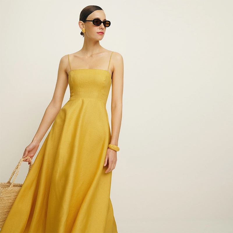 summer new 2026 solid color square neck slim sling medium and long party dress linen holiday style woman