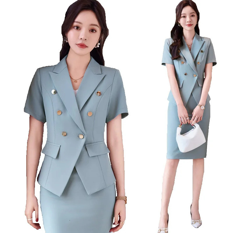 Solid Suits for Women 2024 Summer Fashion Office Ladies Short Sleeve Double Breasted Blazer Tops Chic Slim Skirt 260609BANJIABANJIA