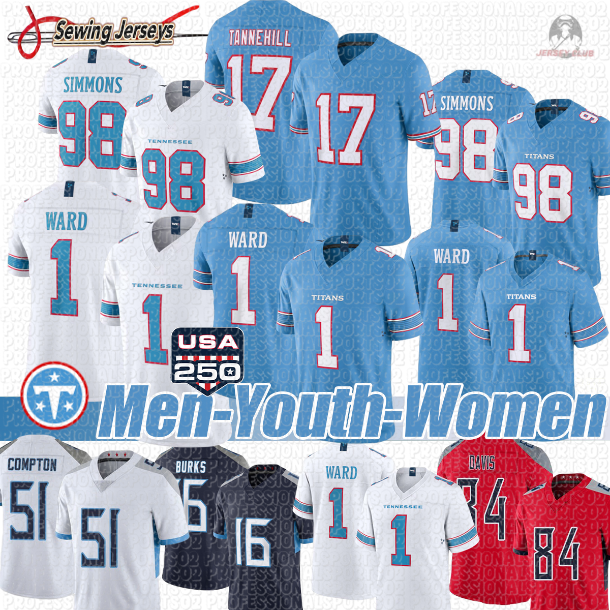 Tennesse city Titan Jersey #1 Ward #20 Pollard #98 Simmons Titan Jersey Cameron Ward Tony Pollard Jeffery Simmons Tennessees city Titanss Jersey-image-929494520