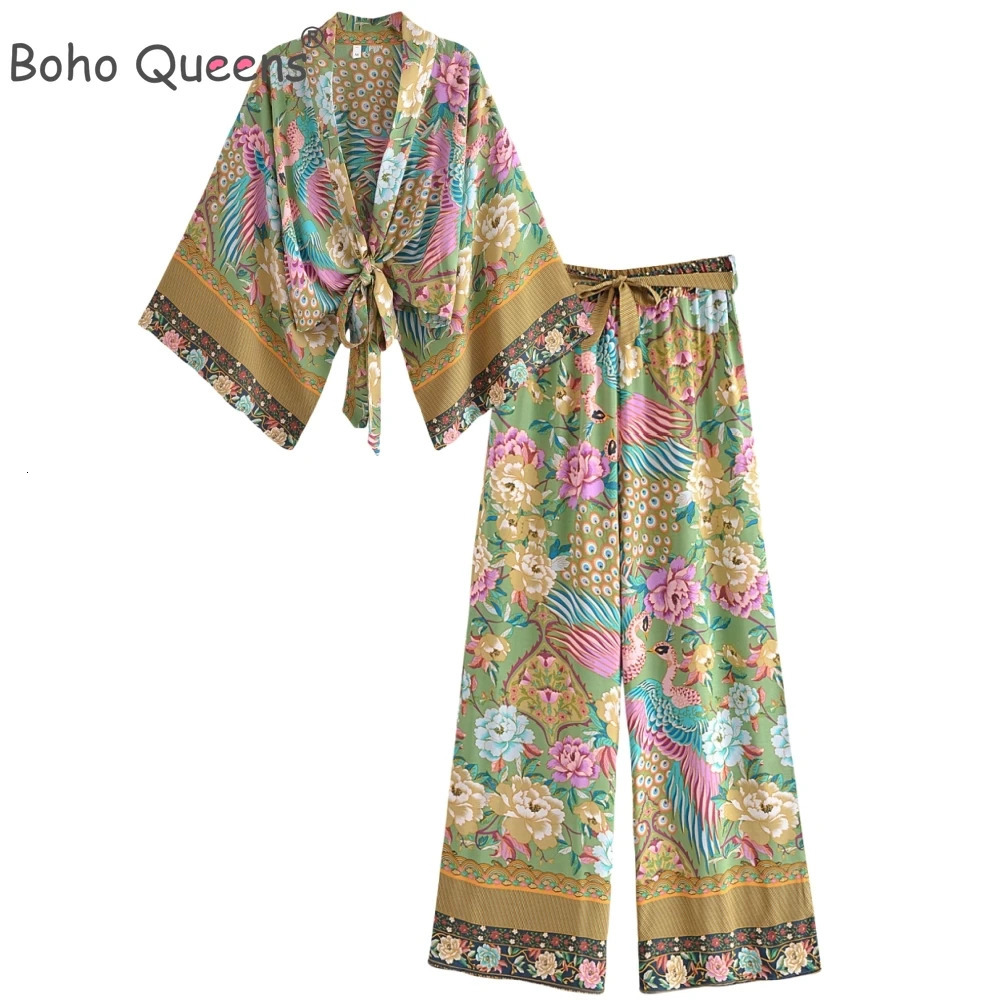 Boho Queens Women Peacock Floral Print Outfits Short Kimono Robe Bohemian Suits Wide Leg Pants 2 Pieces Rayon Boho Sets Swimsuit 260611