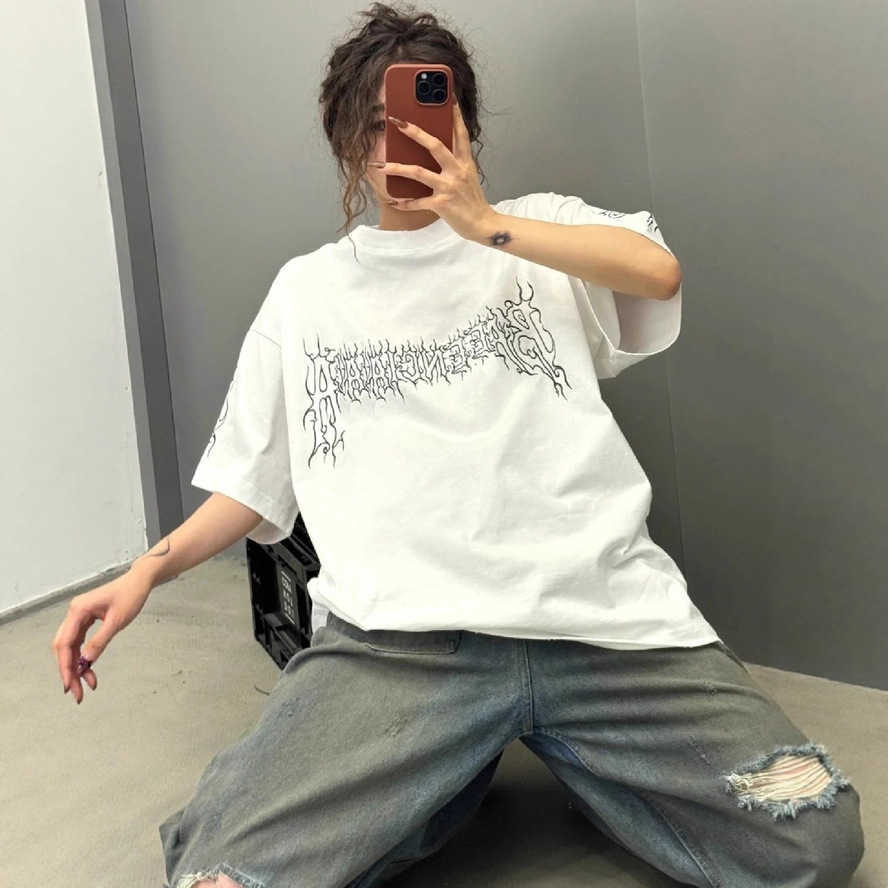 Correct version of B-brand womens short-sleeve t-shirt with flame letter print trendy Parisian short-sleeve t-shirt for men and women couples{catego
