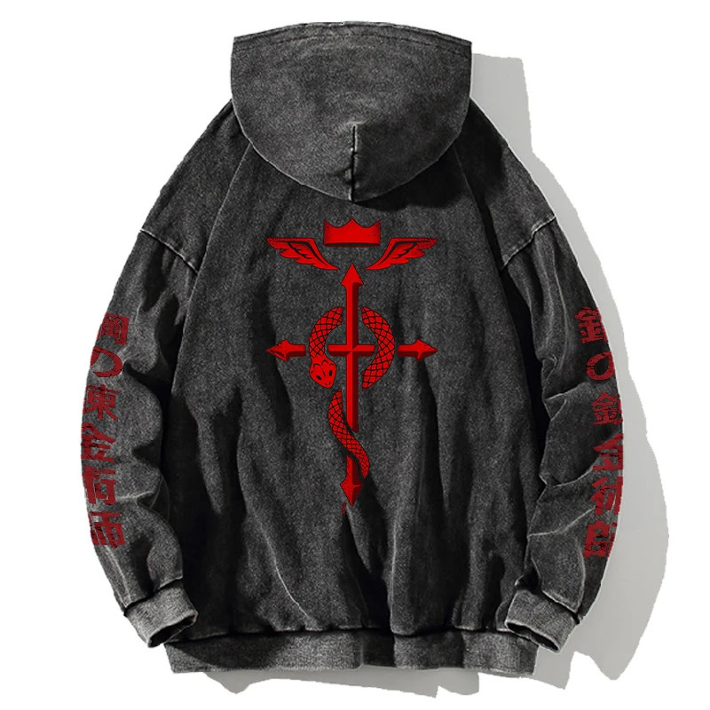 Anime Fullmetal Alchemist Print Hooded Men Women Vintage Manga Hoodies Washed Cotton Pullover Harajuku Loose Sweatshirt 260605