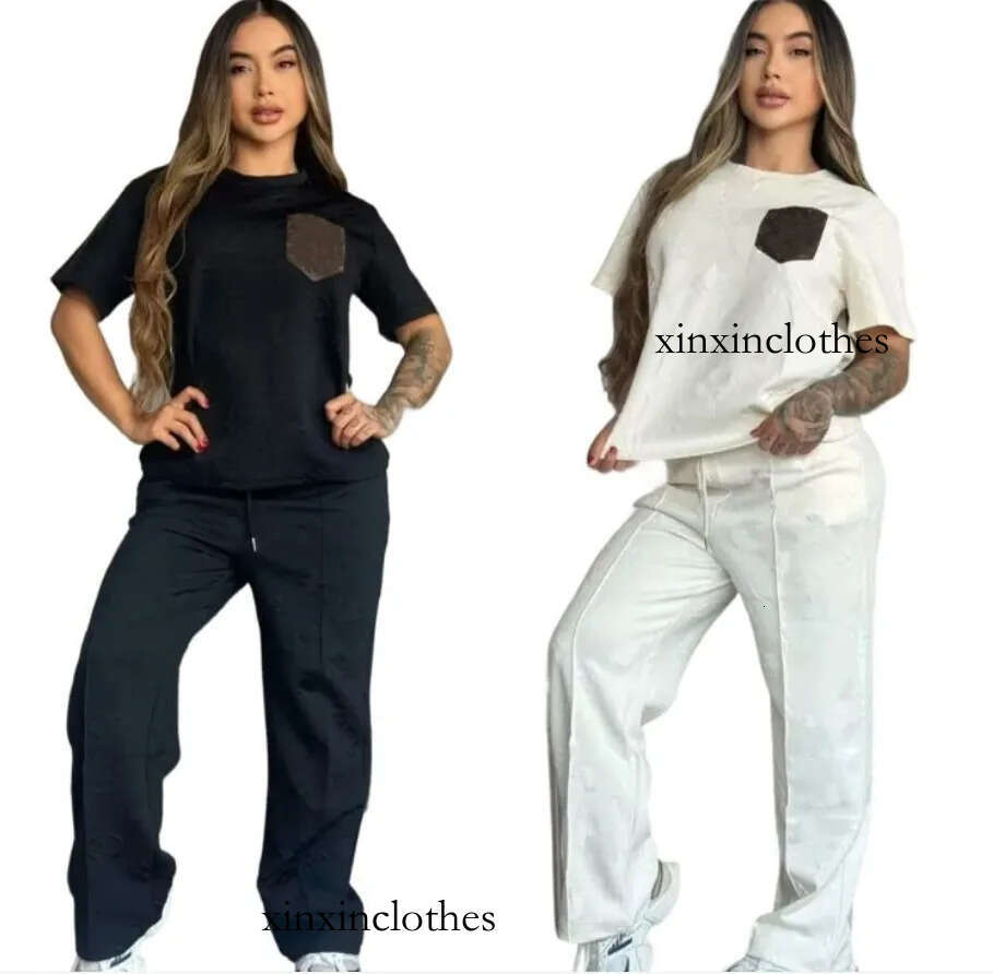 Black White Women Tracksuit With Leather Pockets Sweatsuit Short Sleeve T Shirt And Wide Leg Pants 2 Piece Set Womens Jacquard Jogging Suits
