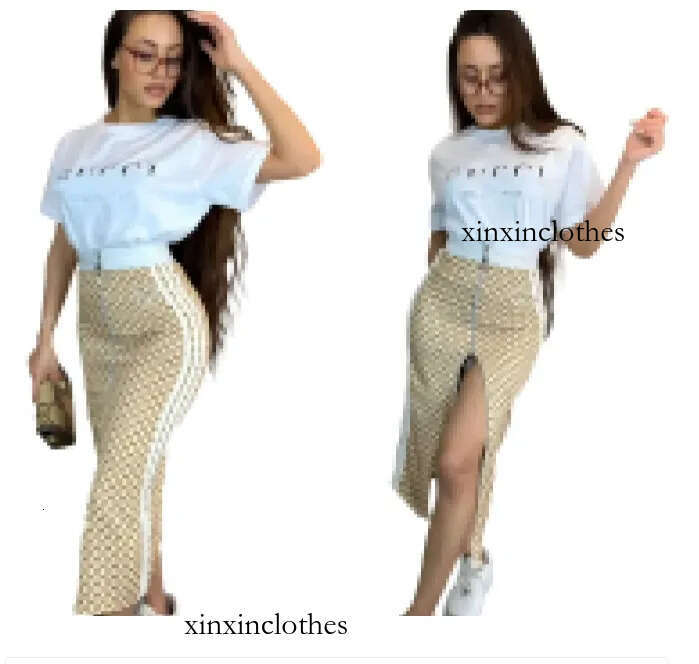 Casual Womens 2 Two Piece Dress Sets Short Sleeve T Shirts Midi Skirts Matching Party Fashion Women Black Print Design Dresses Suits