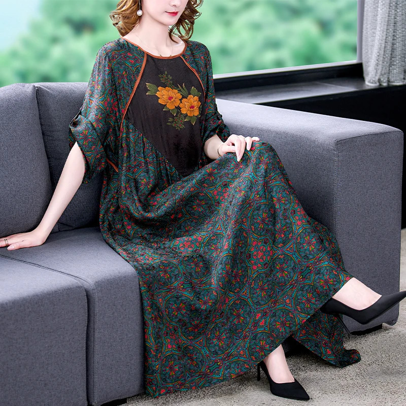 2025 Floral Mulberry Silk Maxi Dres Korean Vintage Casual Evening Summer Elegant Loose Wasit Plus Size Party 260605