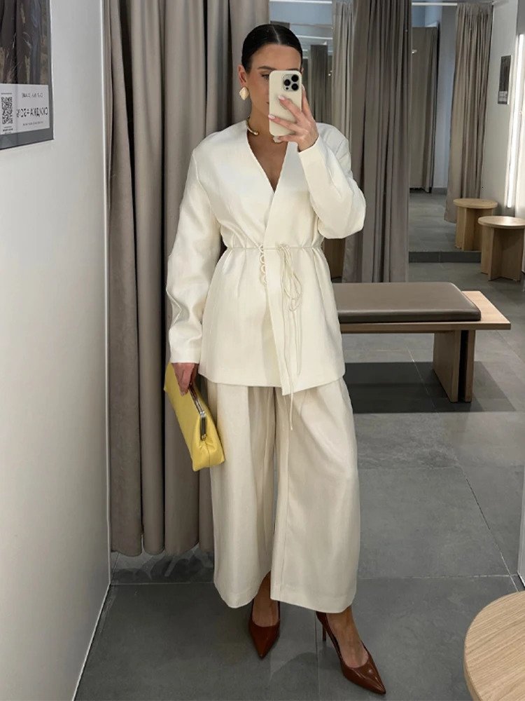 Elegant Womens Coat Pant Sets Full Sleeve Lace Up Top Wide Leg Pants Female Suits 2026 Spring Summer Solid Satin Lady Set 260611
