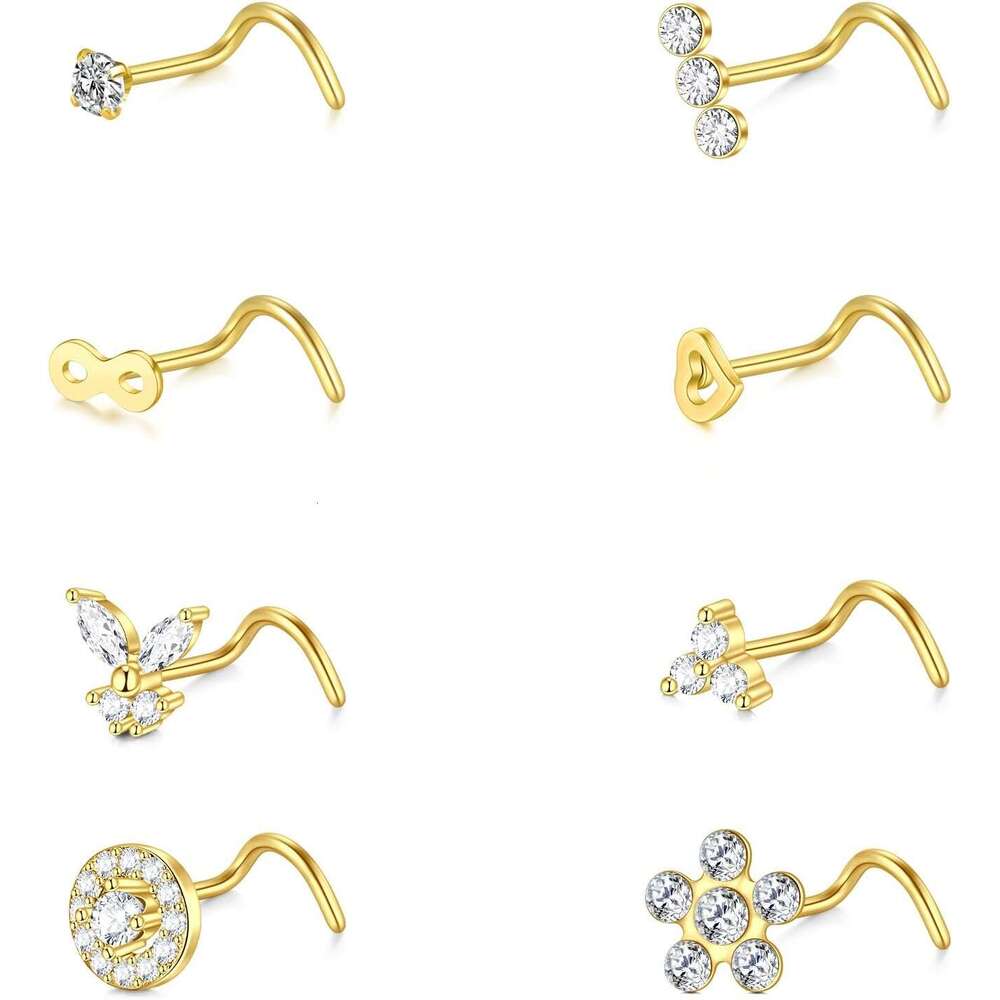 8-piece gold silver L-shaped ring and ear stud set for women, 20G medical steel pendant ring, star piercing jewelry, hypoallergenic CZ heart-shap-image-1110023943