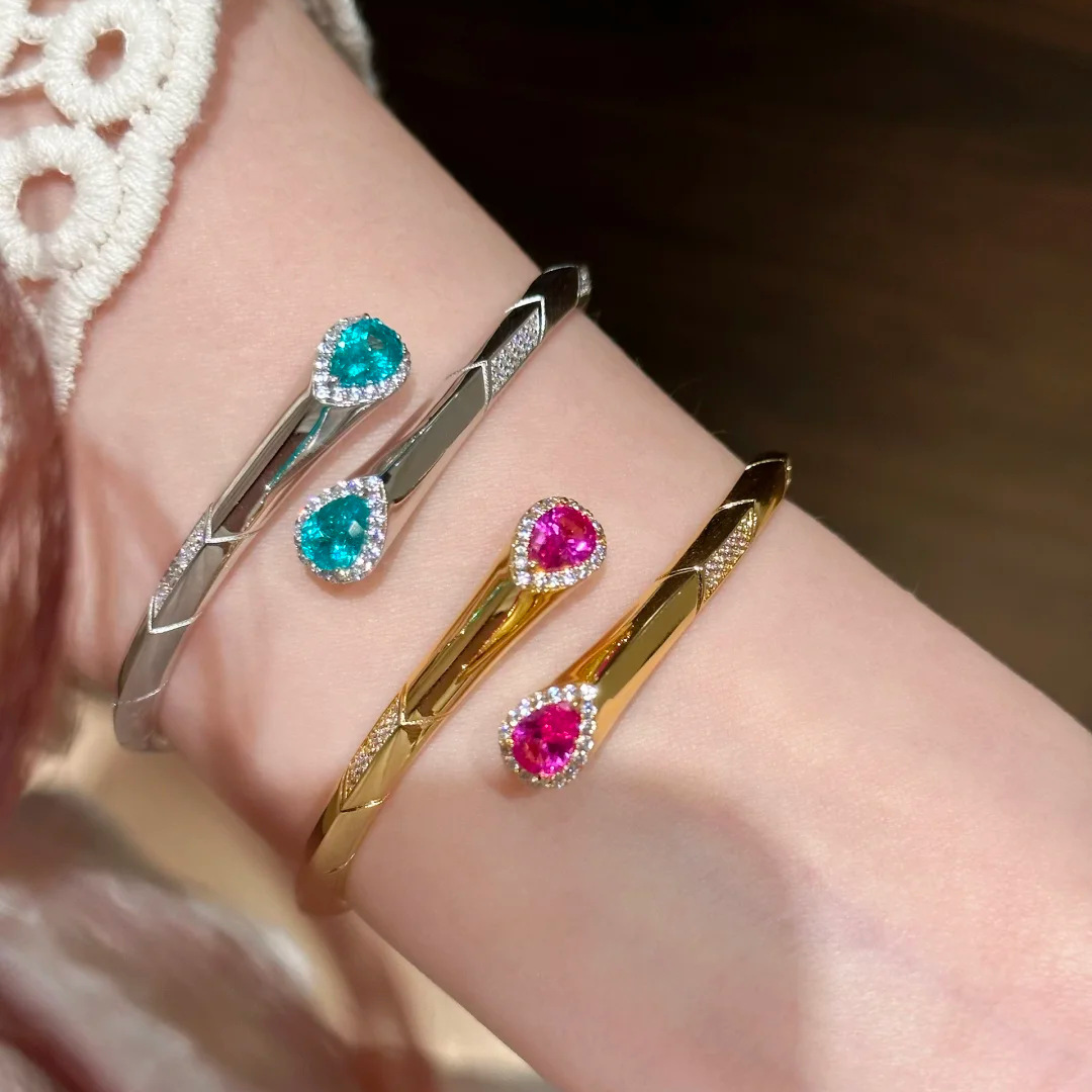 Super Shiny Zircon Blue Teardrop Open Bracelet, Light Luxury High-End Feel, Niche Design, Elegant Luxurious Jewelry-image-1110002106