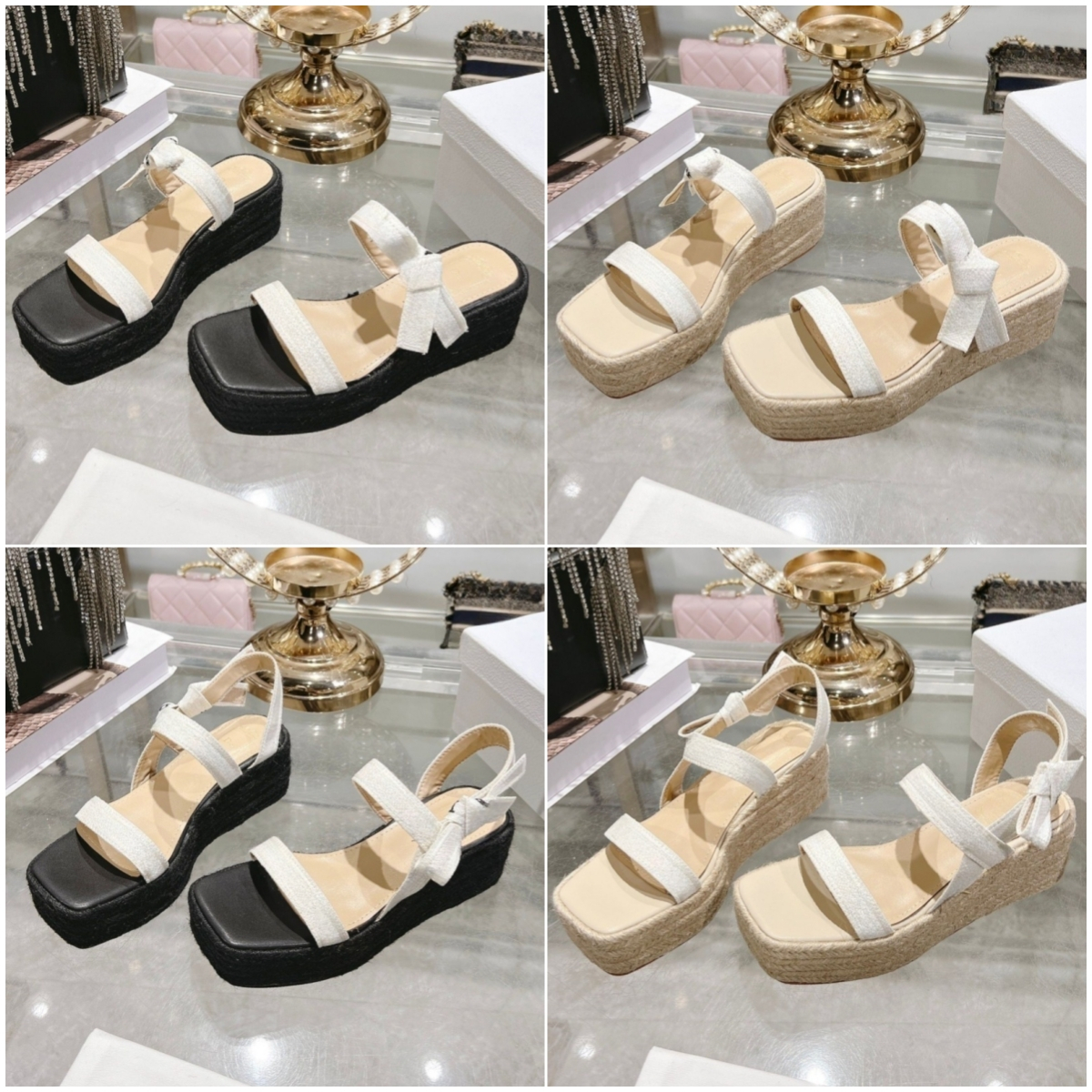 New Square-Toe Espadrille Wedge Sandals - Fabric Strap with Bow Detail for Women's Summer Daily & Beach Wear