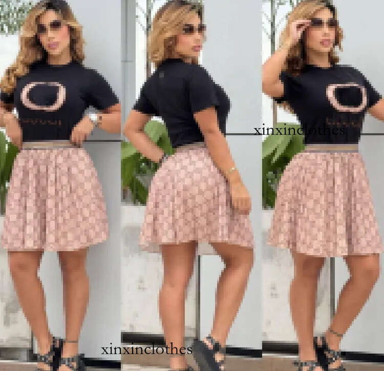 Women Summer 2 Pieces Sets New Fashion Sweet Solid Short Sleeve And Pleated Skirts Women's Elegant Street Casual Two Piece Dress