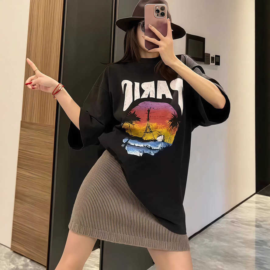 High-end Paris womens T-shirt with Eiffel Tower coconut trees and sunset print fashionable casual trendy B-brand pure cotton short-sleeve T-shirt{ca