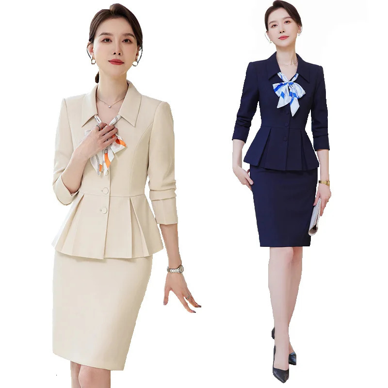 2024 Spring Female Elegant Womens Skirt Suits Apricot Navy Blue Blazer Trouser Bussiness Jacket Office Lady 2 Pieces Set 260609BANJIABANJIA