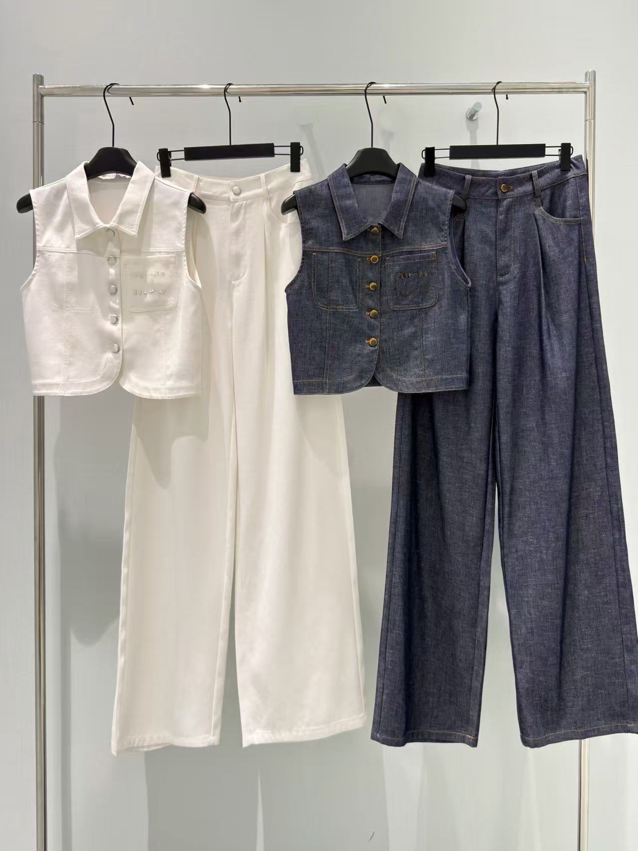 M New Summer Fashion Embroidered Tencel Linen Waisted Wide-Leg Pants Vest Set-image-1110068429