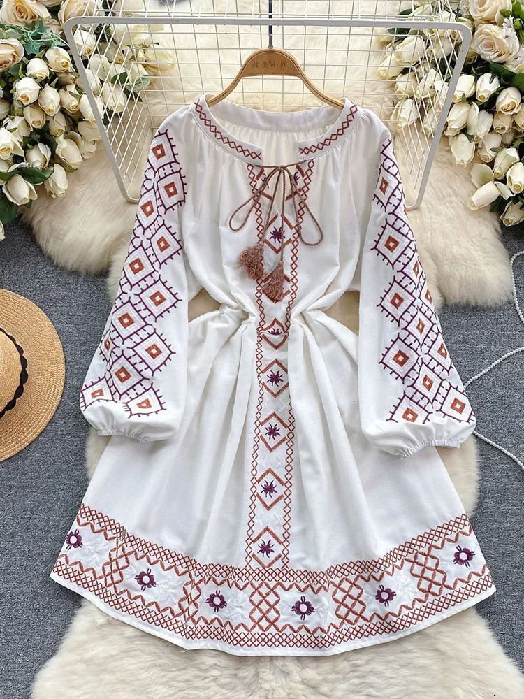 Womens Spring Dress Bohemian Retro Ethnic Style Diamond Cotton Linen Blend Embroidered Lantern Sleeves Mini Dress DS003 260605
