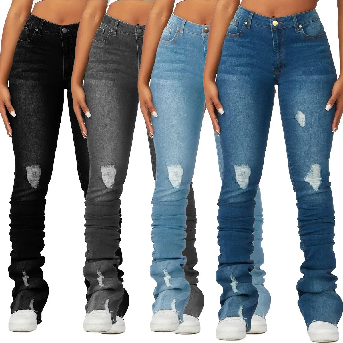 Pantaloni dritti in denim lavato da donna alla caviglia Jean con tasche strappate con foro effetto consumato tinta unita casual skinny vintage a vit