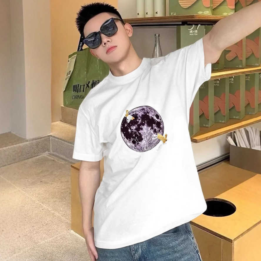 T-shirt Luojia a maniche corte per uomo e donna camicia a mezza manica in puro cotone stile coppia, vestibilità ampia con ricamo luna e coniglio T-s