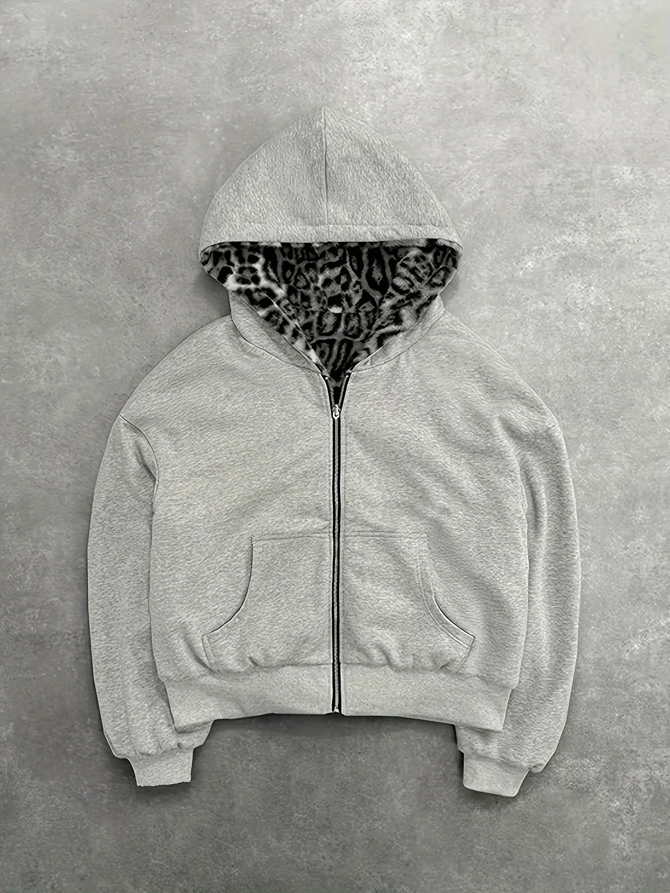 Gray Reversible Zip Up Hoodie with Leopard Print Lining Oversized Streetwear Y2K Casual Hooded Jacket Daily Wear All Season Swea 260605