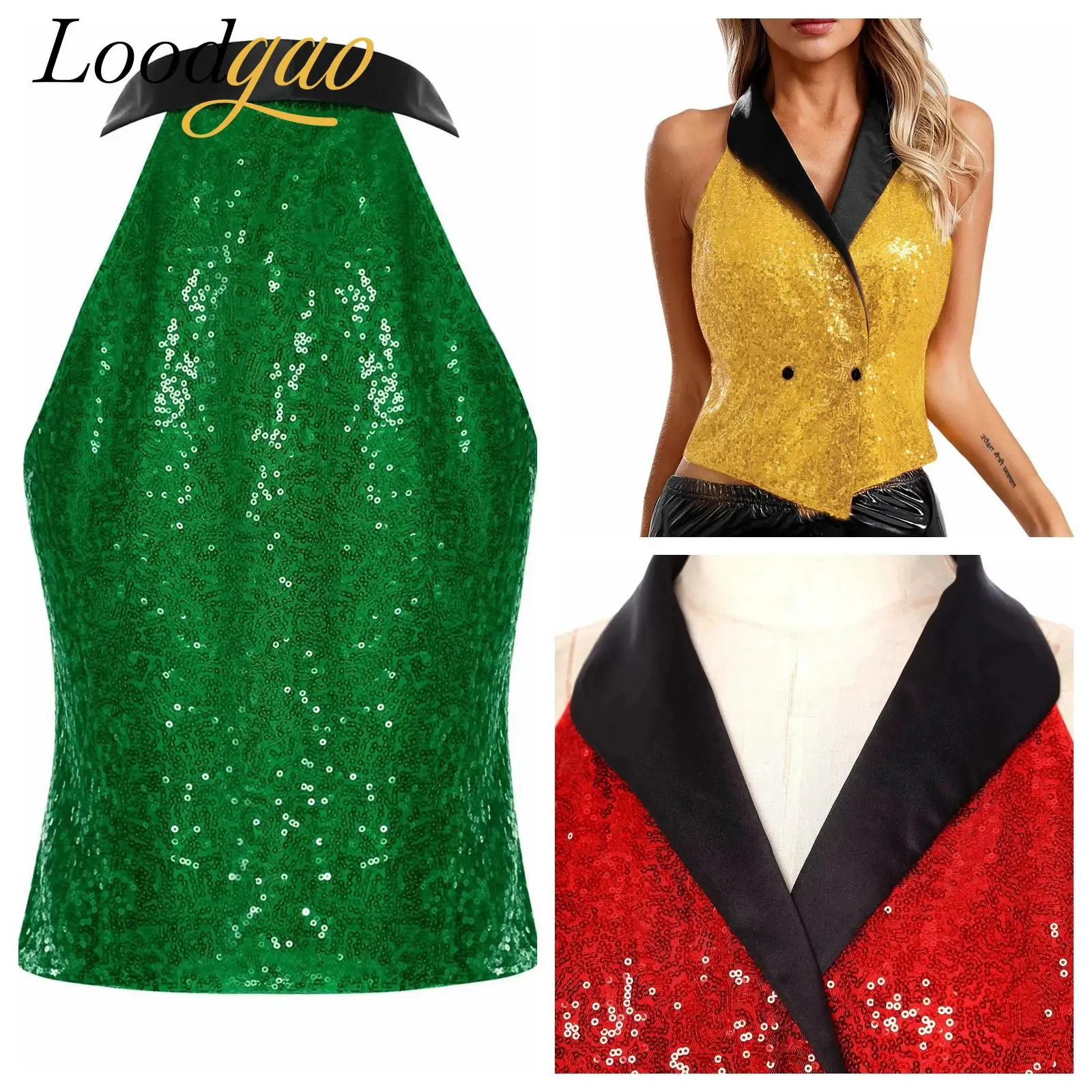 Womens Sparkly Sleeveless Waistcoat Rave Music Festival Glitter Sequin Suit Vest V-neck Hip Hop Jazz Dance Costume Mujer 260605