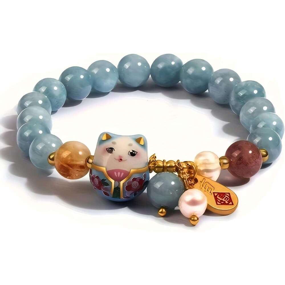 Chanceux avec cristal bleu, pendentif chat en céramique, bijoux porte-bonheur Feng Shui, bracelet de richesse et de protection