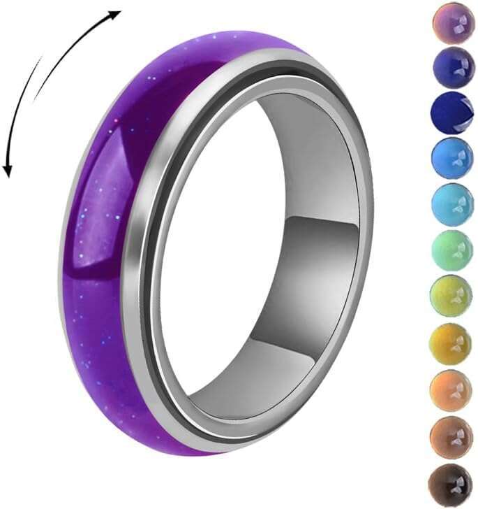 Bague Fidget pour femmes et adolescents – Anneaux rotatifs à changement de couleur sensible à la température en acier inoxydable de 6 mm pour sou