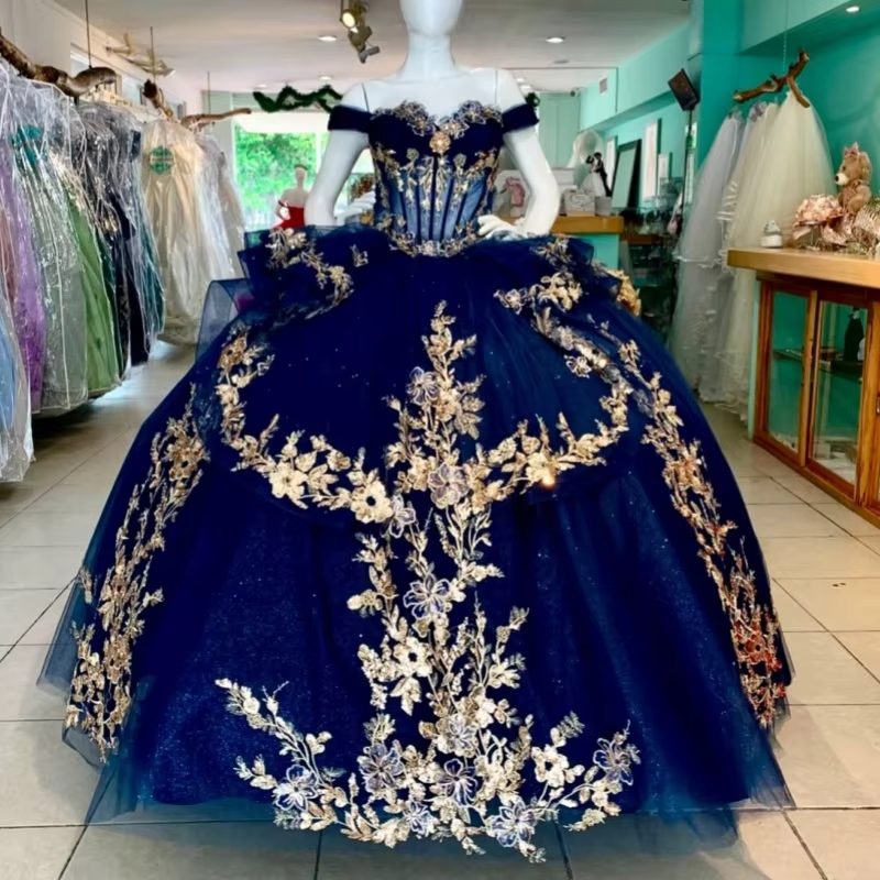 Royal Blue Shiny Quinceanera Dresses Crystals Beading Gold Applique Lace Bow Tiered Tull Vestidos De 15 Anos Birthday Party Corset Sweet 16 Dress