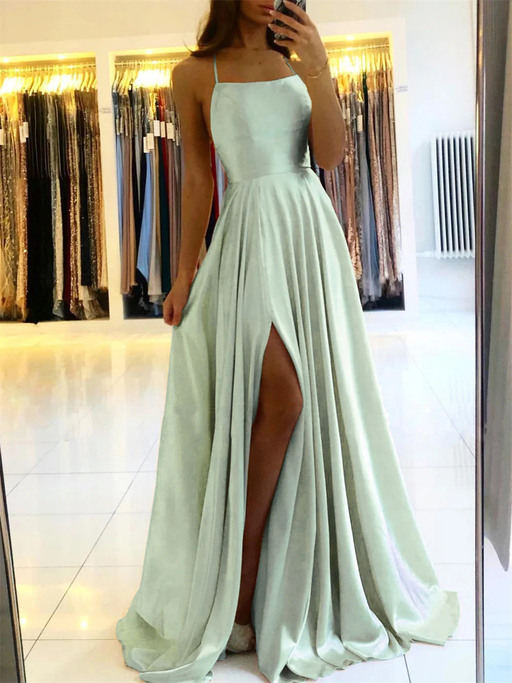 Elegant Women Maxi Beach Satin Dress Sexy Leg Slit Lace up Evening Prom Gown Adjustable Straps Bridesmaid Dresses 260611